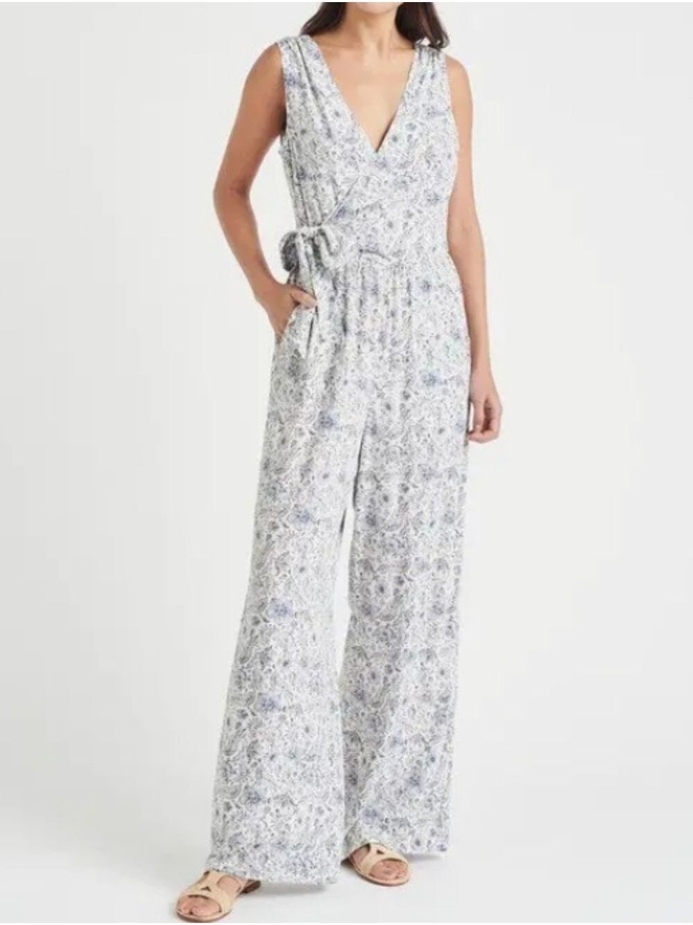 Splendid X Cella Jane Printed Surplice Jumpsuit In Blue/White Size Medium